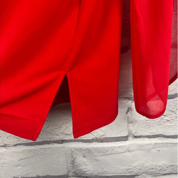 Susan Graver Women's 1X Red Sheer Sleeve Tie Detail V-Neck Tunic Elegant Blouse - Picture 5 of 13